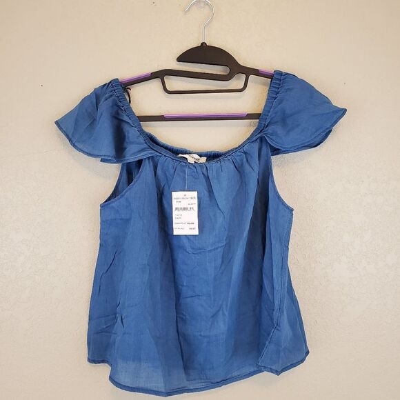 Madewell Chambray Blue Off the Shoulder Lightweight Flowy Blouse Minimalist Top - Picture 2 of 4